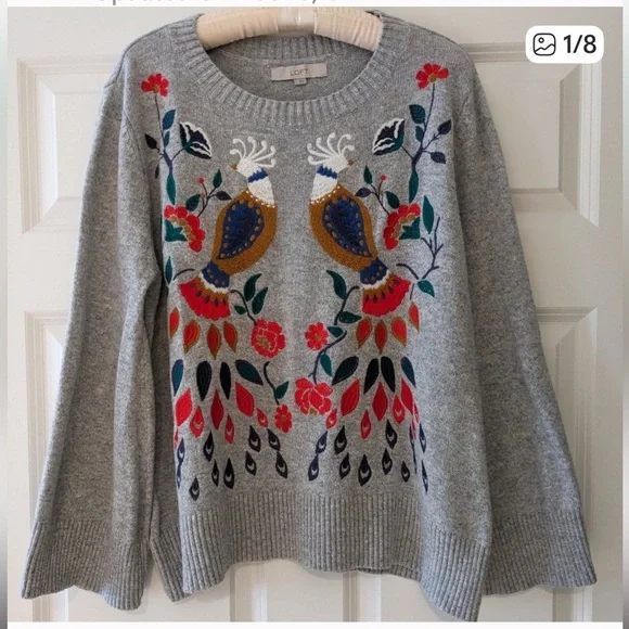 Loft Embroidered Floral Bird PEACOCKS Art deco Sweater Wool Blend L bell sleeves - Picture 2 of 11
